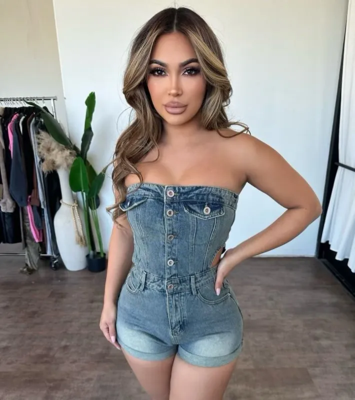 Riley Denim Romper (Blue) sold by OOTDFash