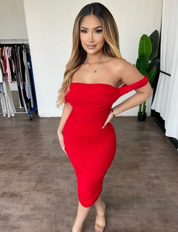 Ella Off Shoulder Dress(Red) sold by OOTDFash