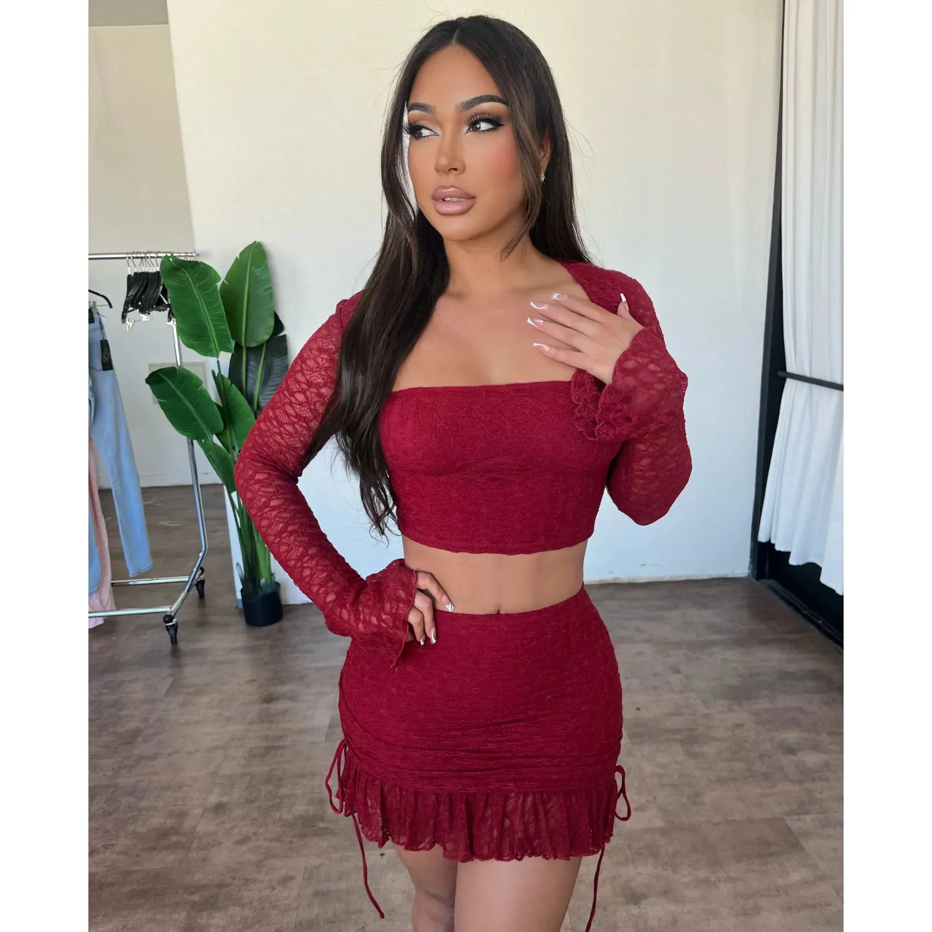 Channel Skirt Set (Burgundy) sold by OOTDFash