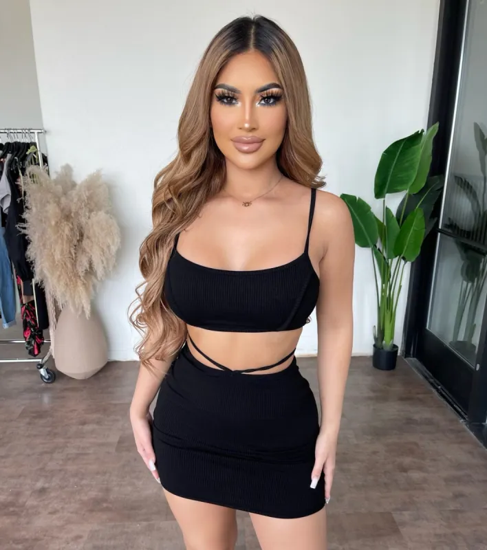 Kimberly Cami Cropped Top Skirt Set (Black) sold by OOTDFash