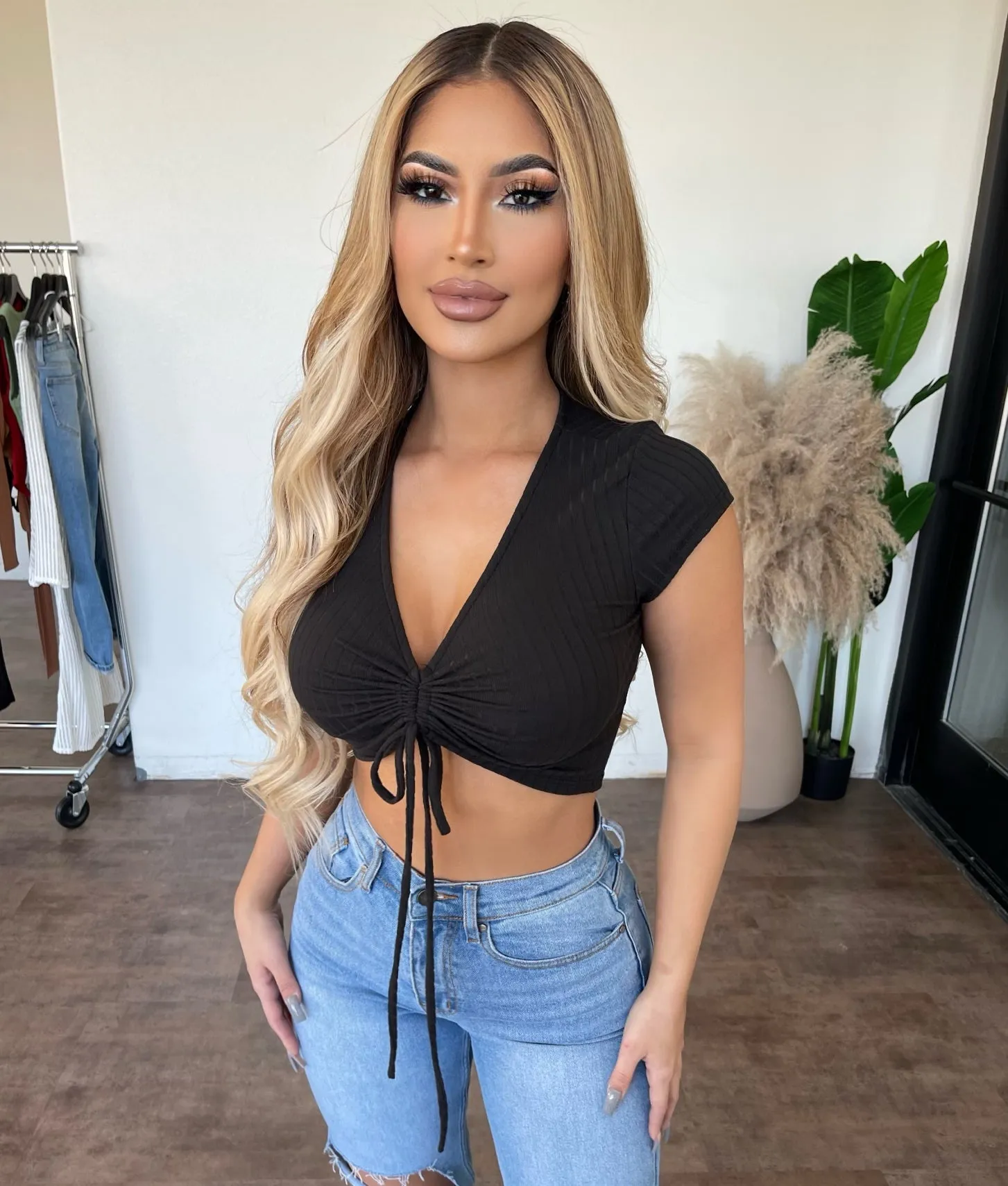 Reese Short Sleeve V-Neck Top(Black) sold by OOTDFash