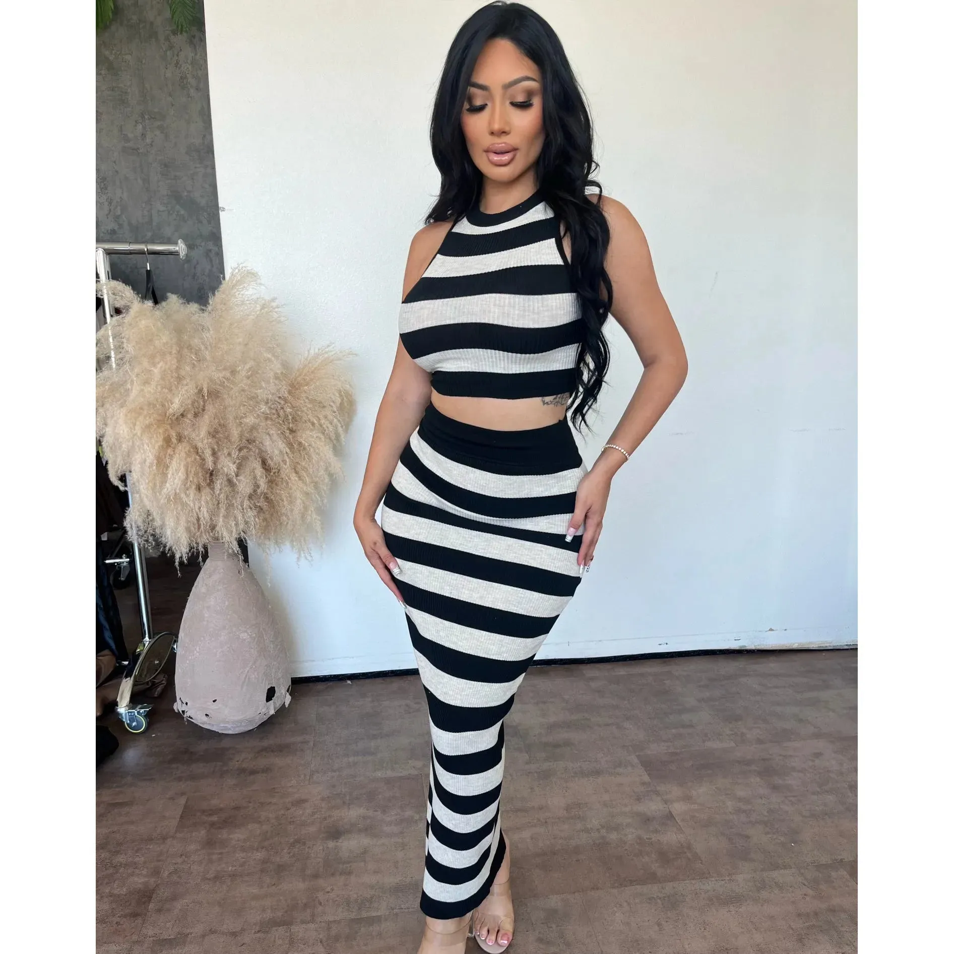 Hailey Strip Skirt Set (Black/Oatmeal) sold by OOTDFash