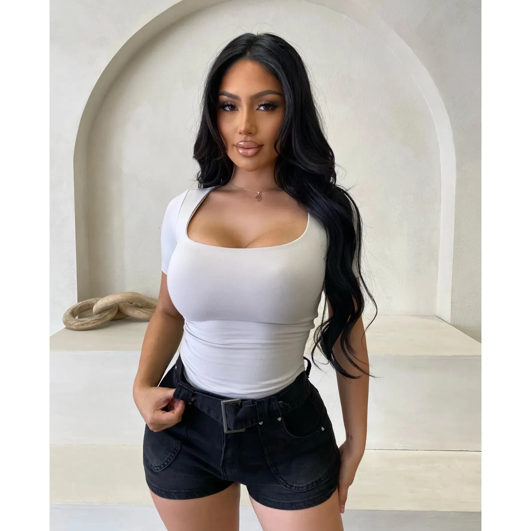 Shantel Basic Short Sleeve Top (Stone) sold by OOTDFash