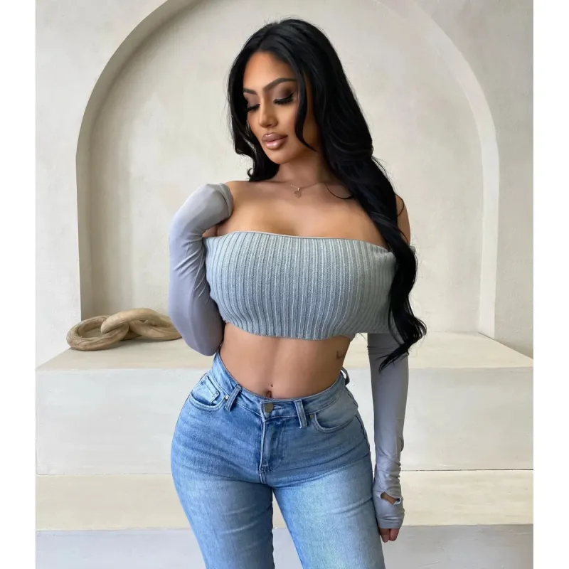 Luah Knit Crop Top (Light Grey) sold by OOTDFash