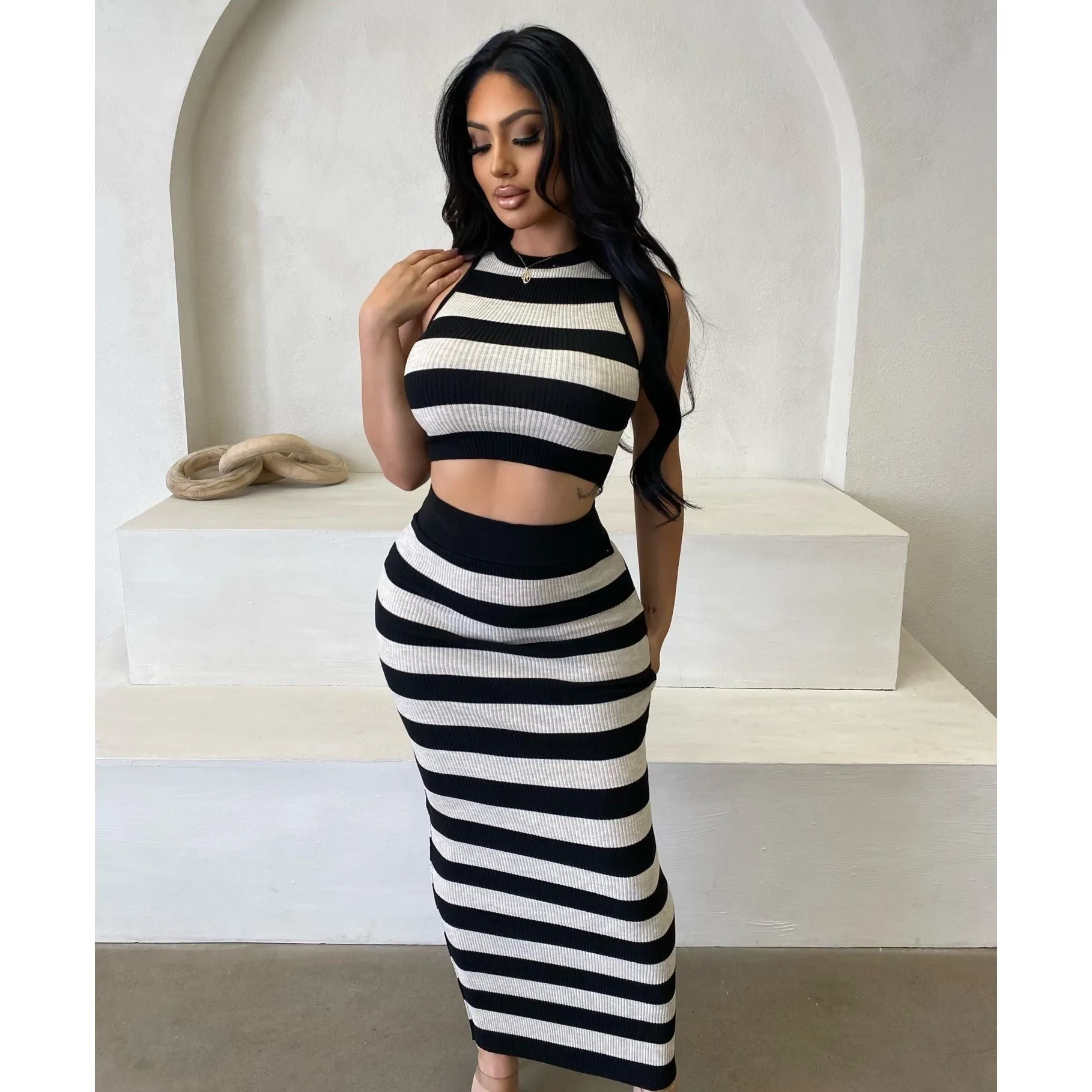 Jenny Stripe Skirt Set (Black/Oatmeal) sold by OOTDFash