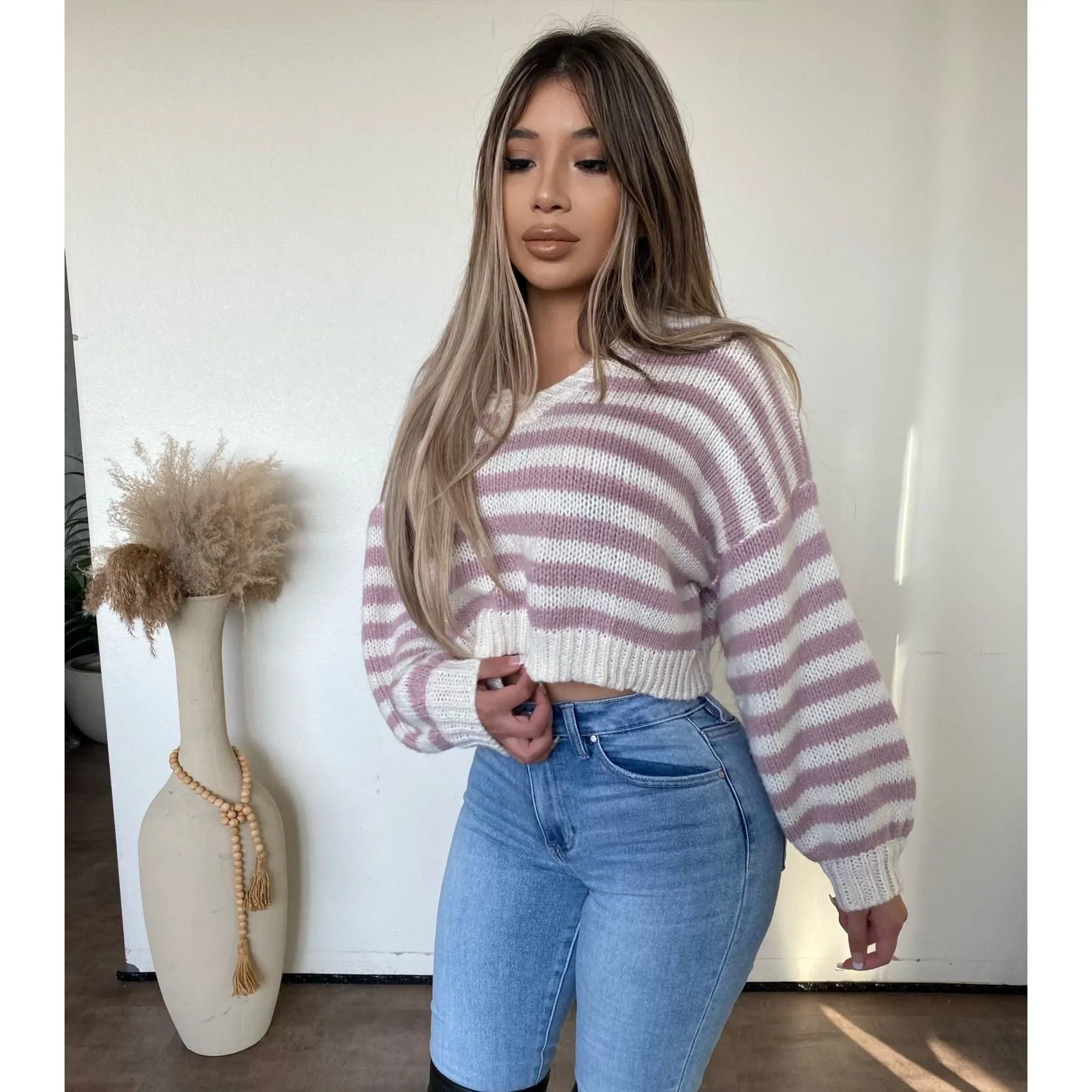 Heather V Neck Sweater (White/Pink) sold by OOTDFash