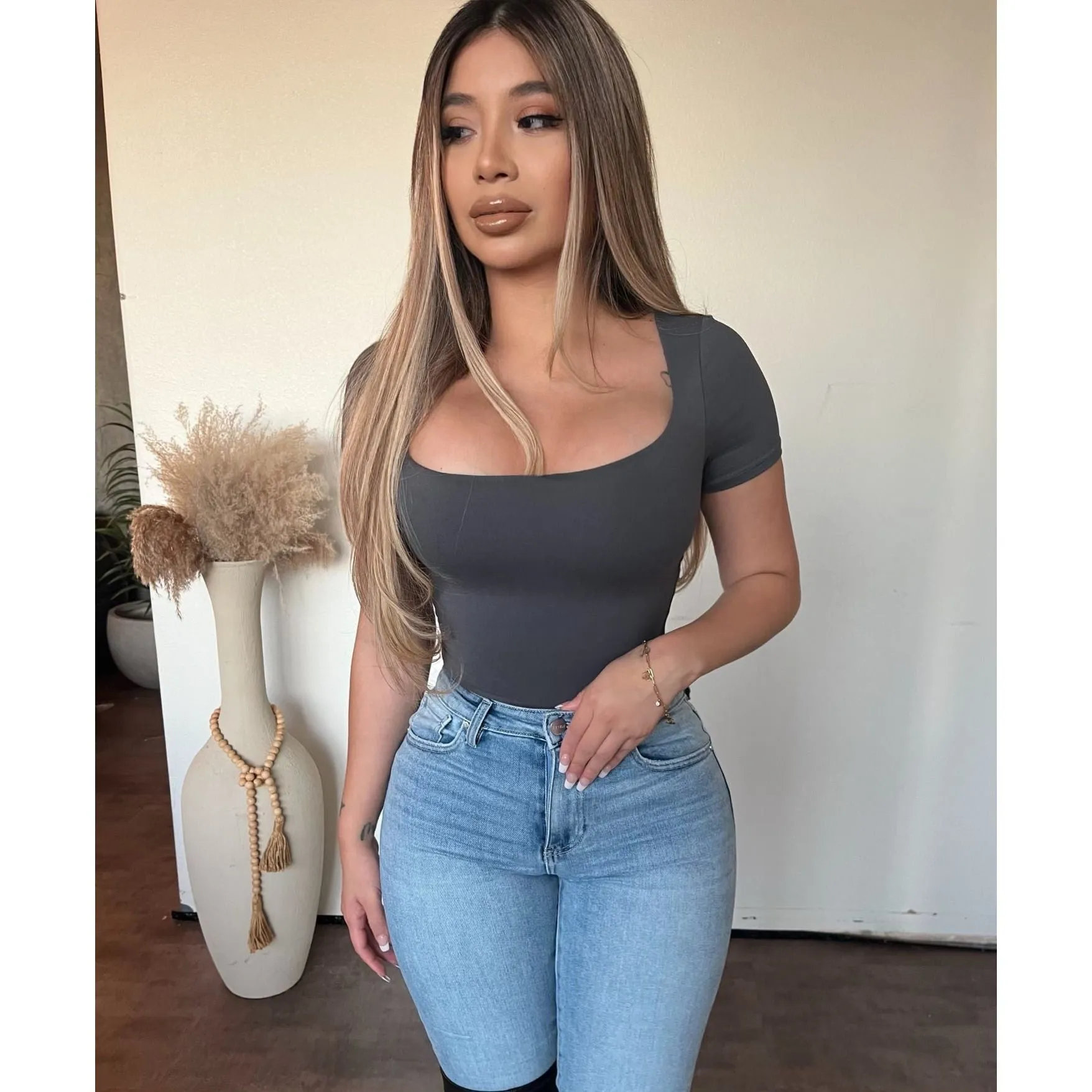 Shantel Basic Short Sleeve Tops (Charcoal) sold by OOTDFash