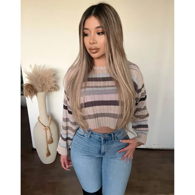 Norena Cropped Sweater (Taupe Stripe) sold by OOTDFash