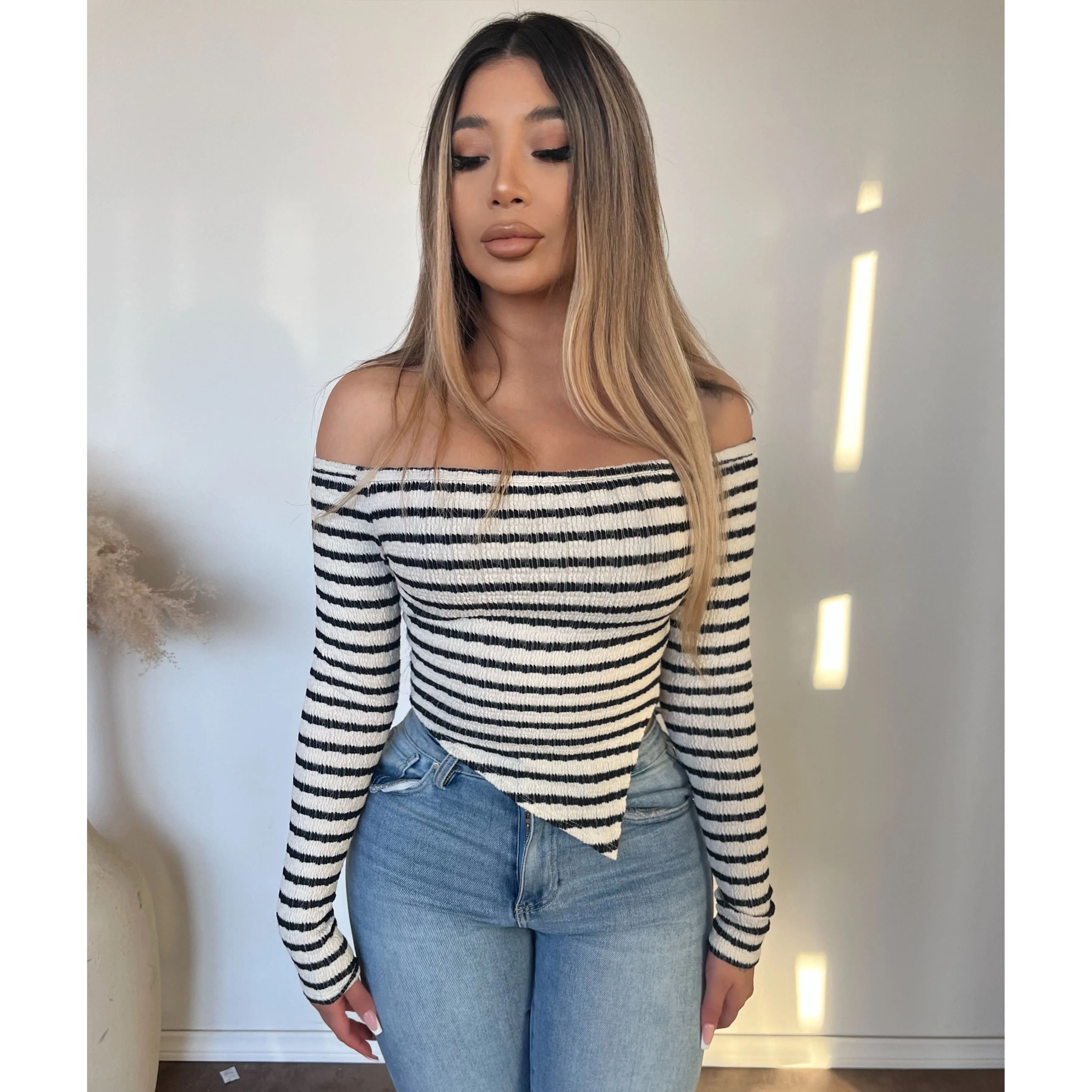 Denise Off shoulder Top (White/Black) sold by OOTDFash