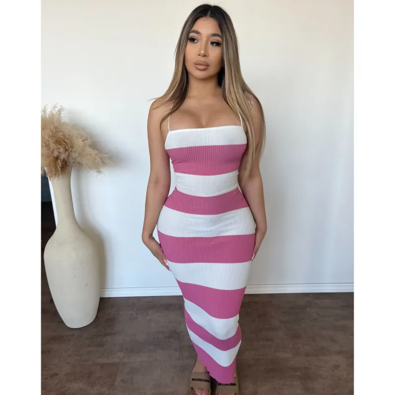 Kathy Stripe Long dress (White/Pink) sold by OOTDFash