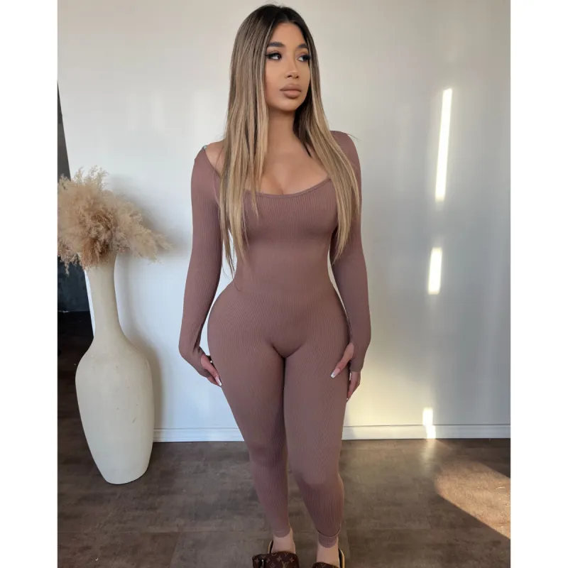 Sarah long sleeve jumpsuit (Deep Taupe) sold by OOTDFash