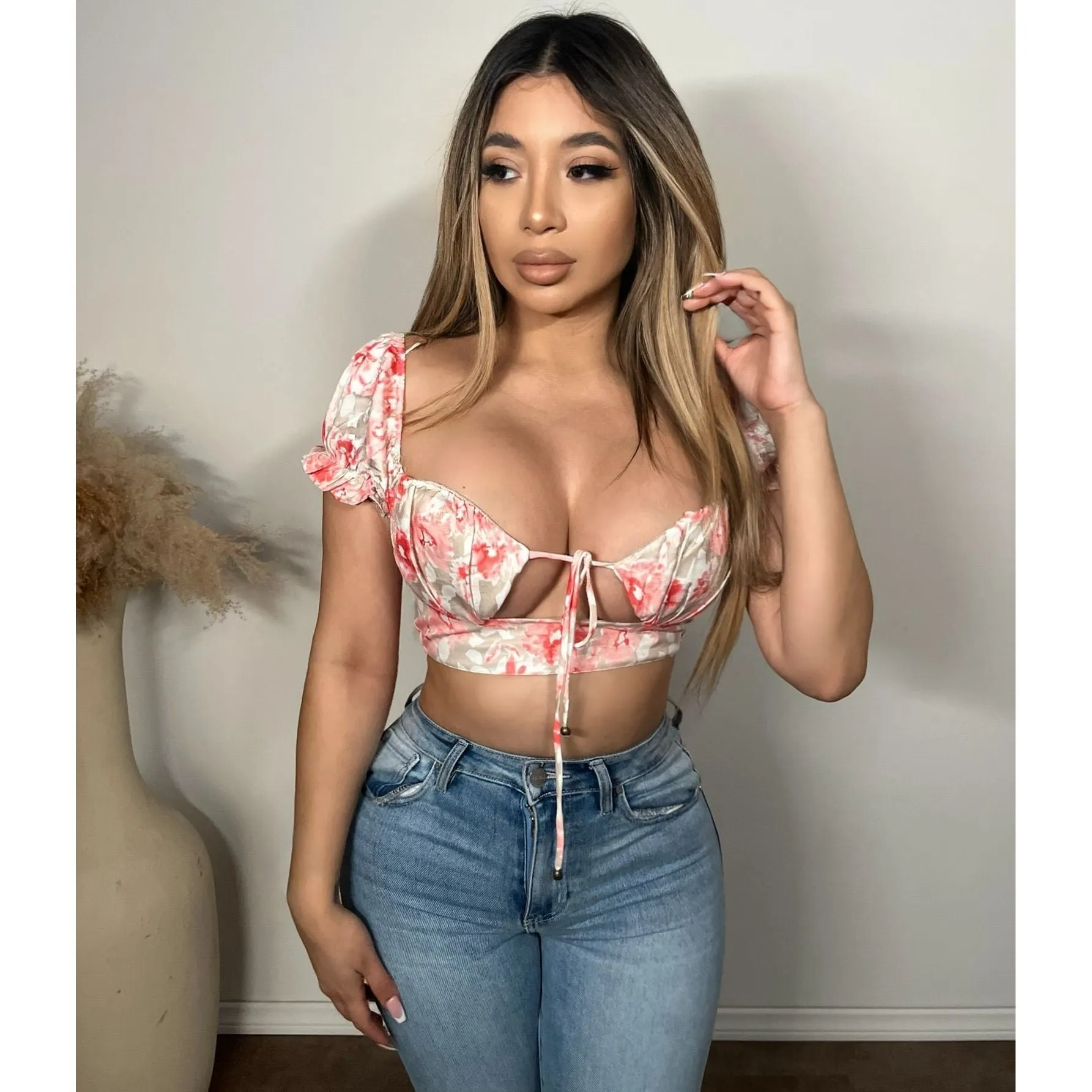 Henna Flower Top (Tan/Pink) sold by OOTDFash