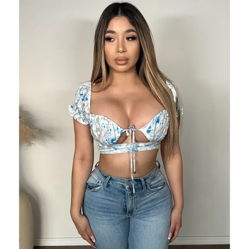 Henna Flower Top (Grey/Blue) sold by OOTDFash