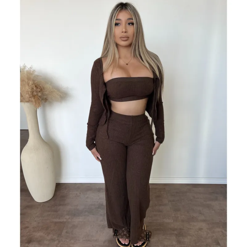 Khole 3 Piece Loungewear Set (Espresso) sold by OOTDFash