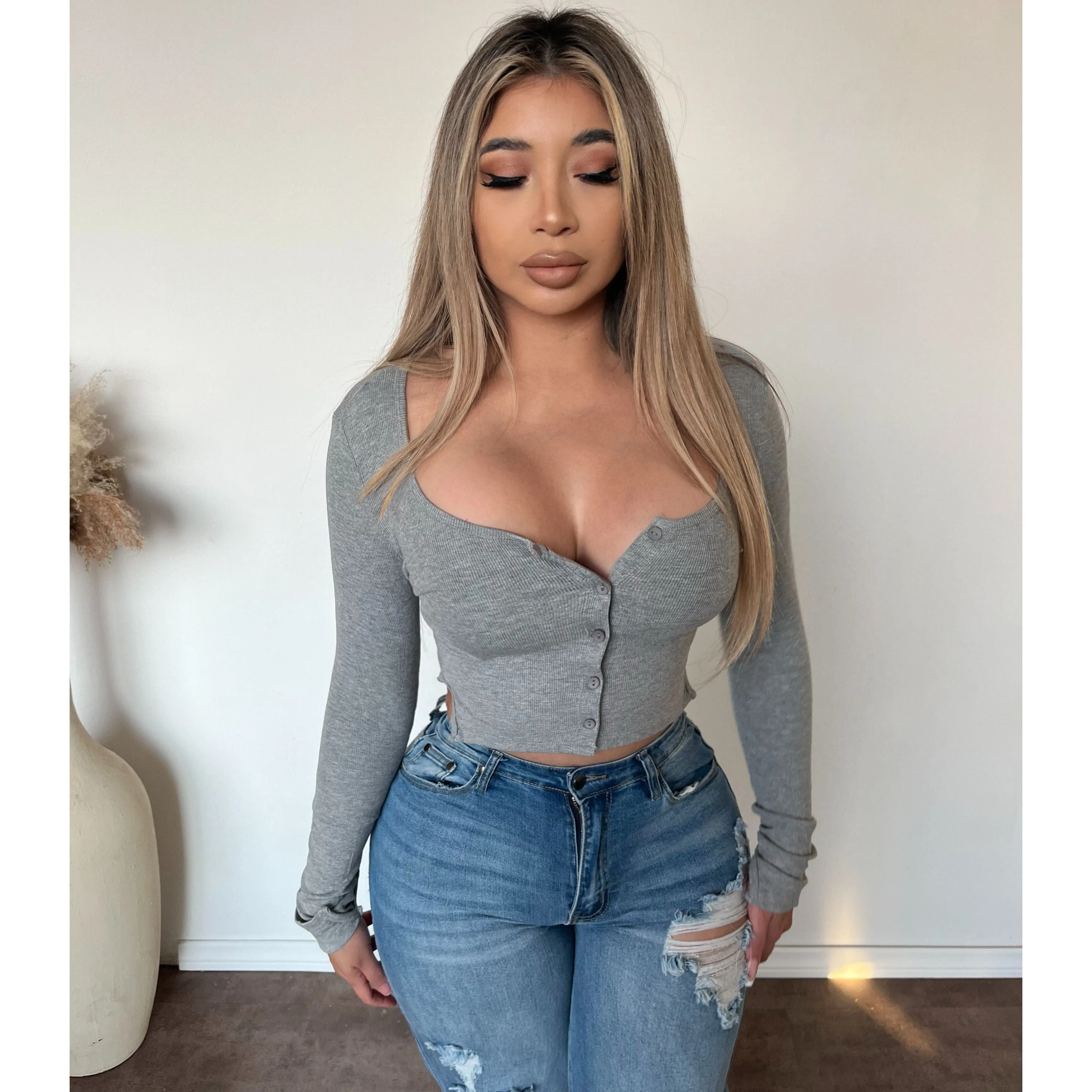 Rayleen Button Long Sleeve(Heather Grey) sold by OOTDFash