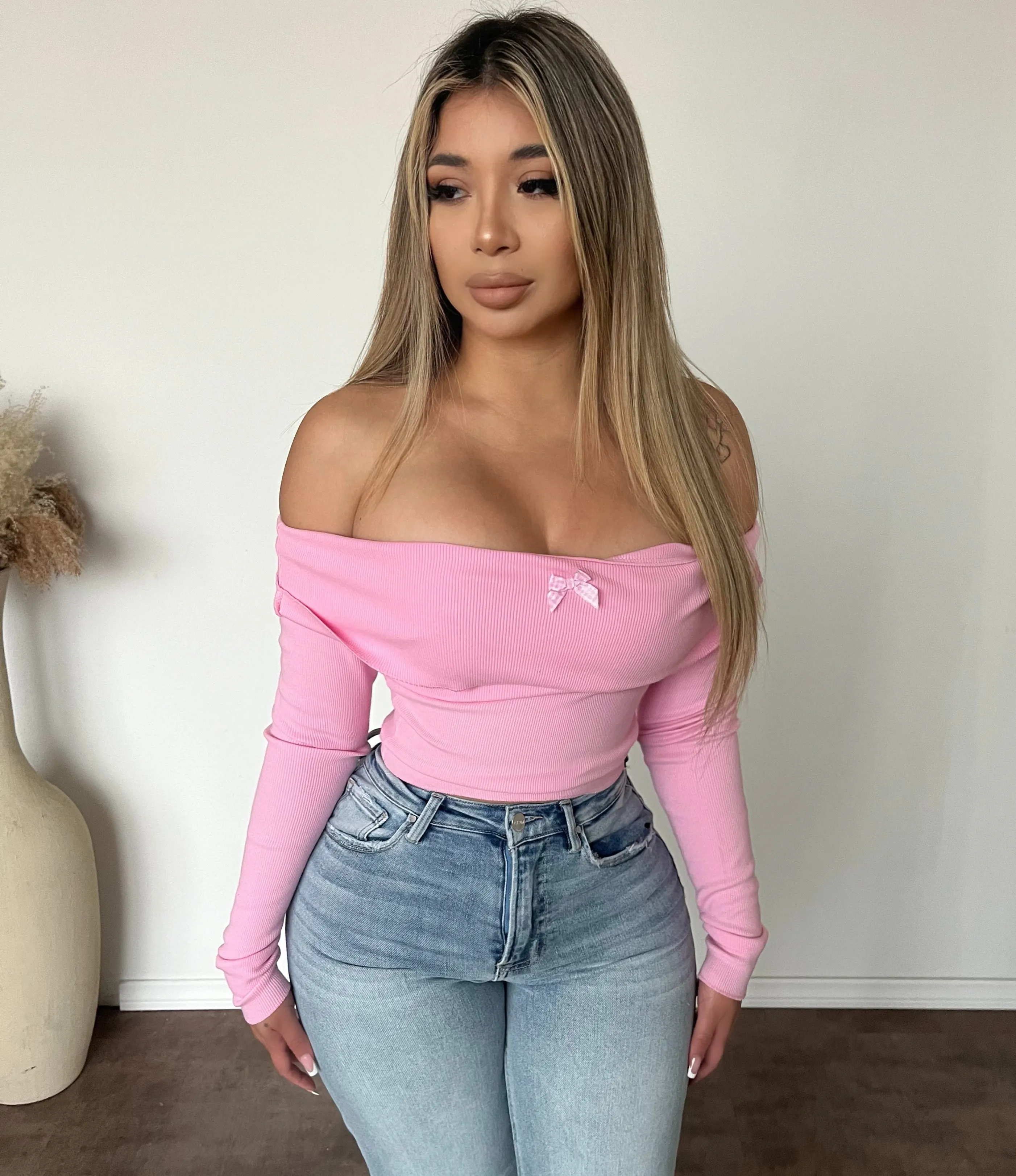 Melody Off Shoulder Bow Top (Pink) sold by OOTDFash