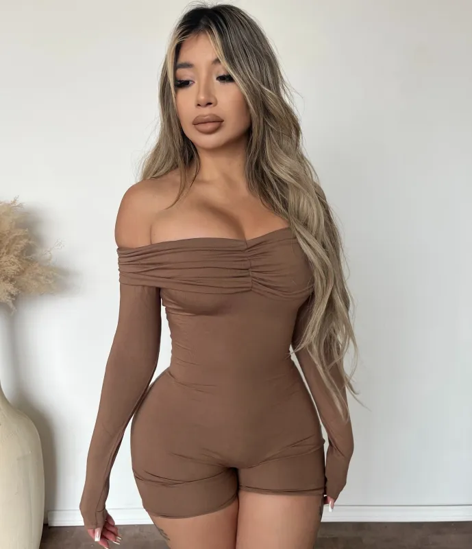 Doreen Off Shoulder Jumpsuit (Latte) sold by OOTDFash