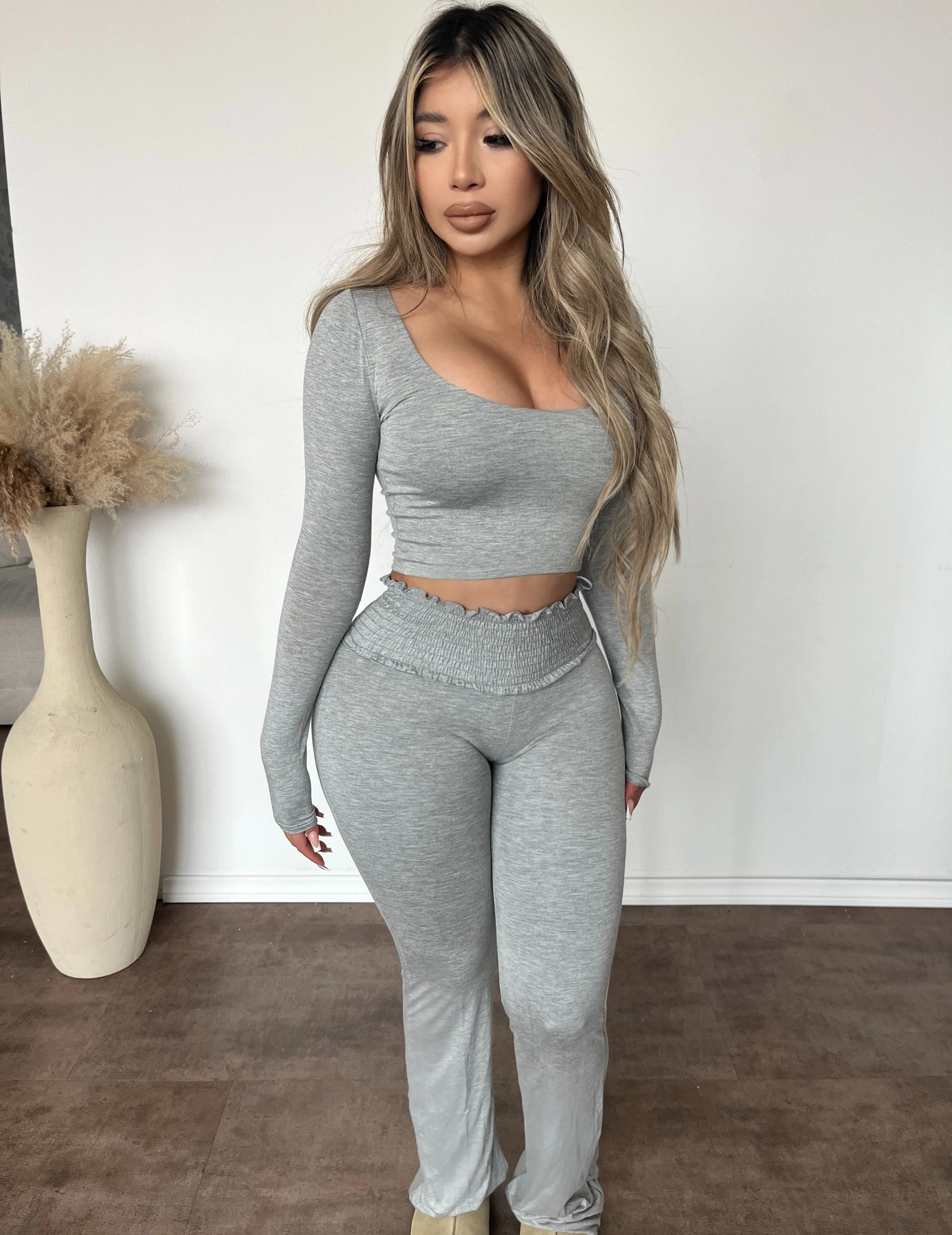 Hailey Crop W Flare Pants Set (H Grey) sold by OOTDFash