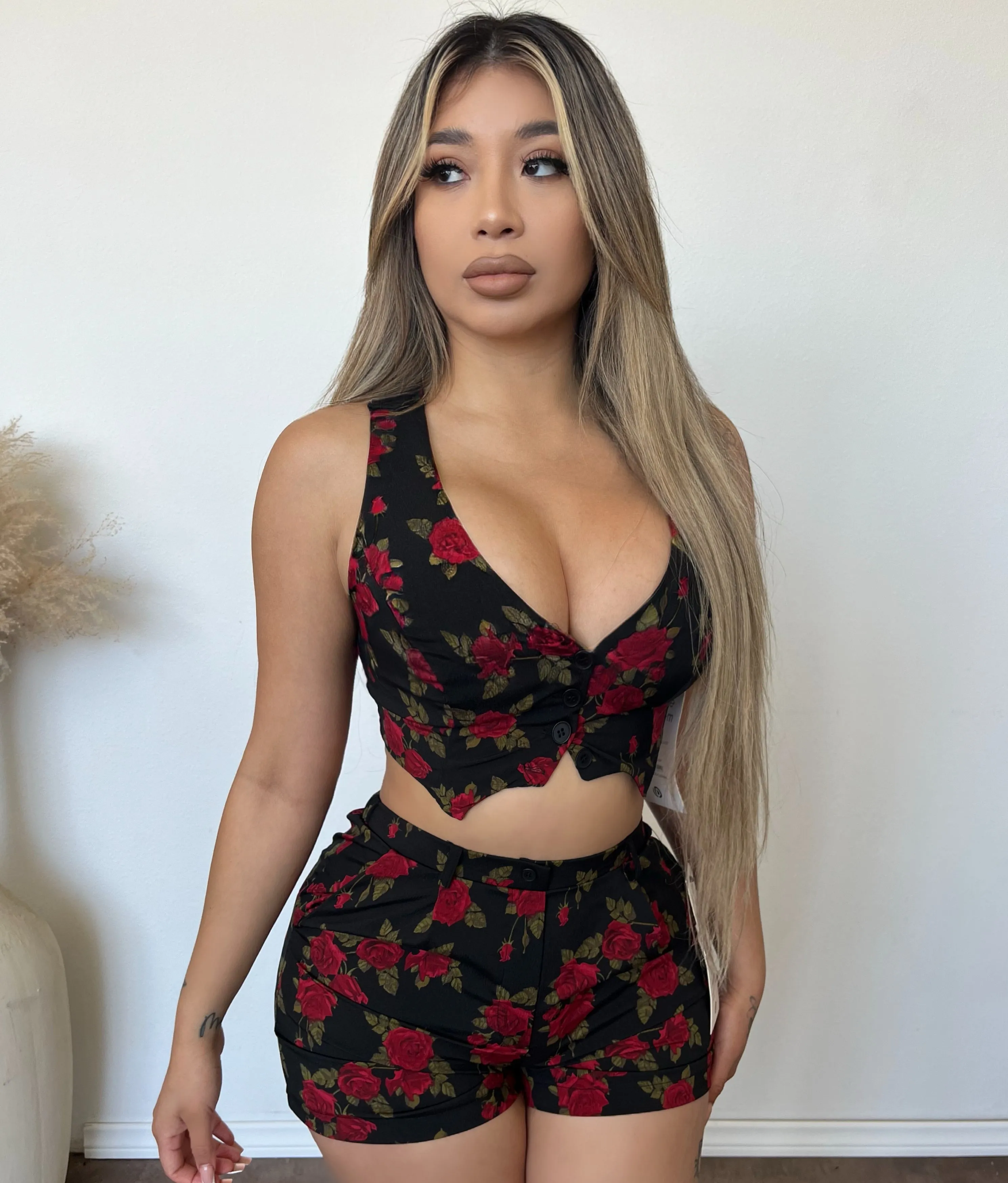 Hazel Vest & Shorts Set (Black Floral) sold by OOTDFash