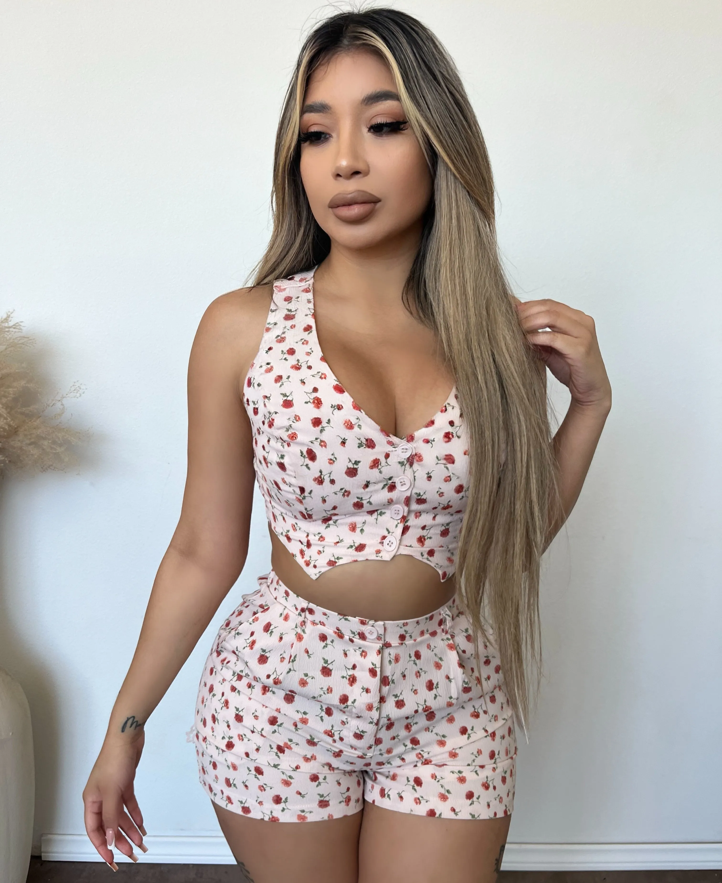 Hazel Vest & Shorts Set (Pink Floral) sold by OOTDFash