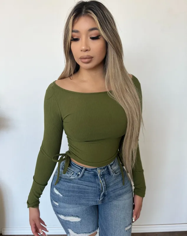 Amelia Rib Runched Long Sleeve Top (Catus) sold by OOTDFash