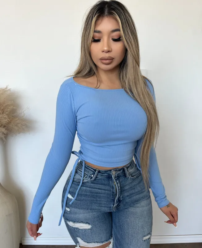 Amelia Rib Runched Long Sleeve Top (Chambray Blue) sold by OOTDFash