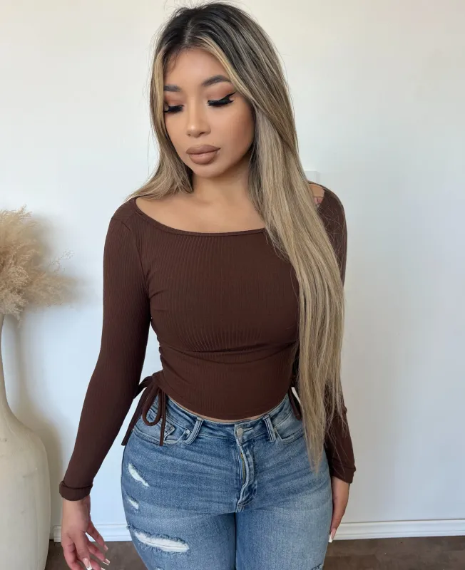 Amelia Rib Runched Long Sleeve Top (Espresso) sold by OOTDFash