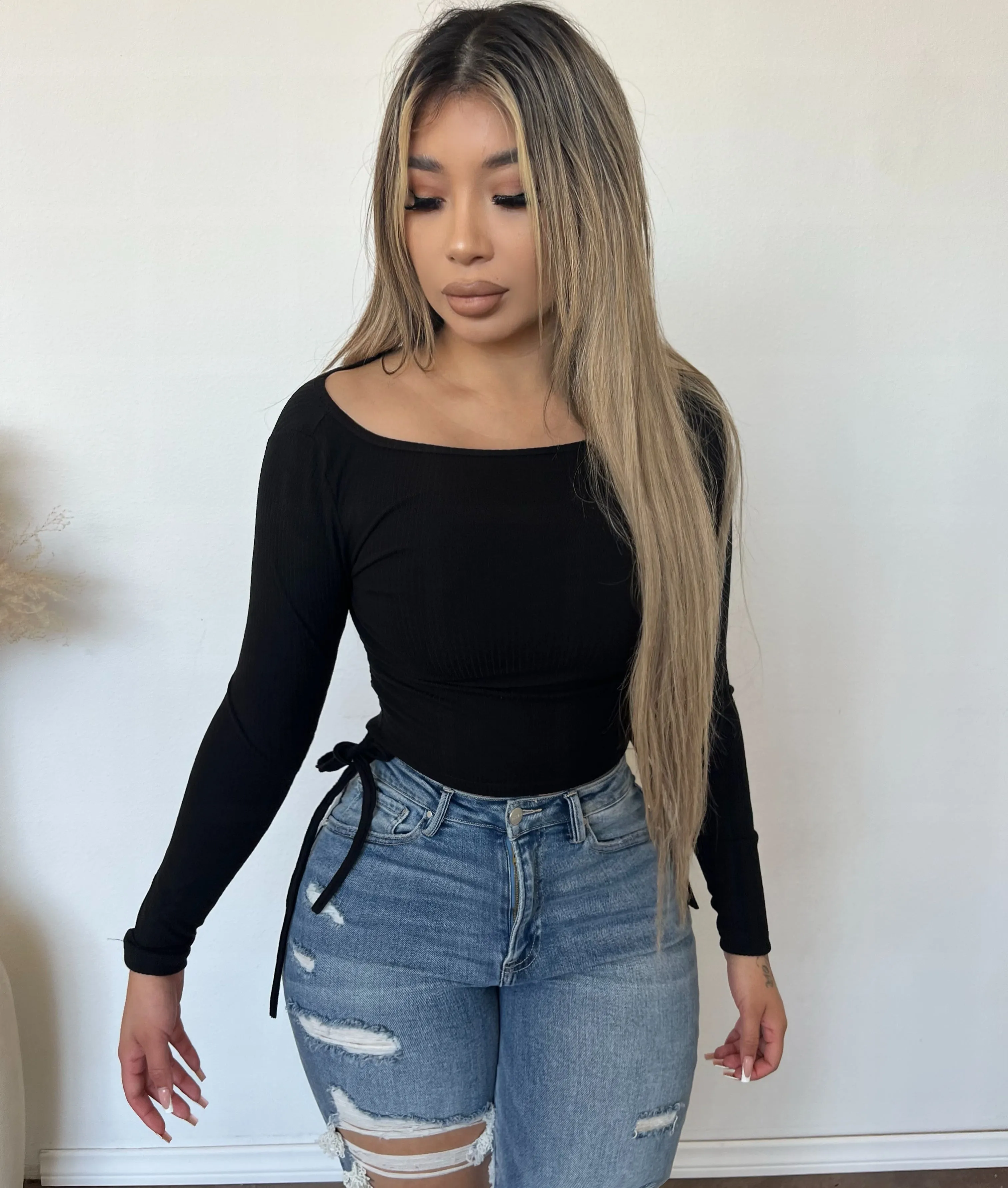 Amelia Rib Runched Long Sleeve Top (Black) sold by OOTDFash