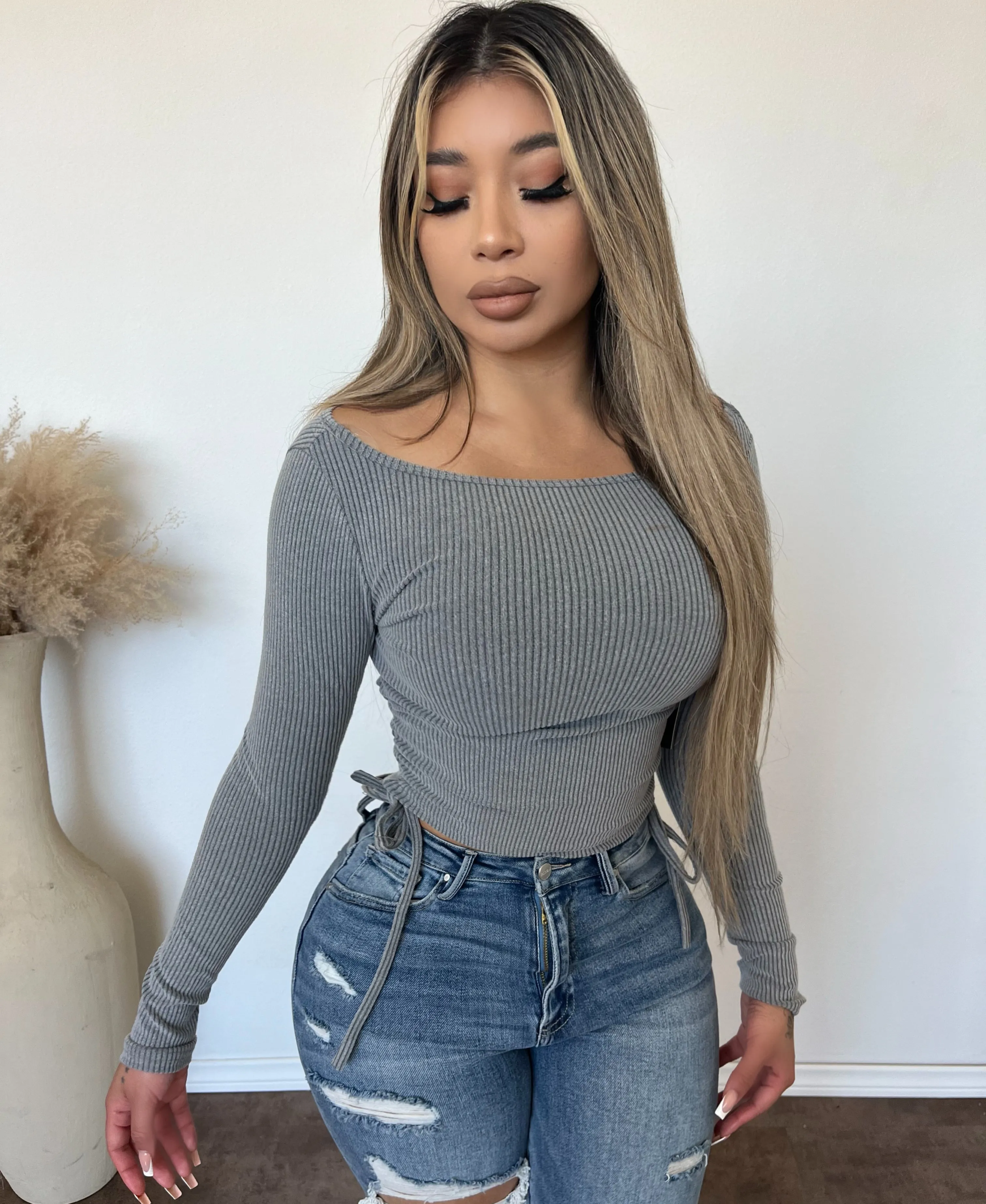 Amelia Rib Runched Long Sleeve Top (Heather Grey) sold by OOTDFash