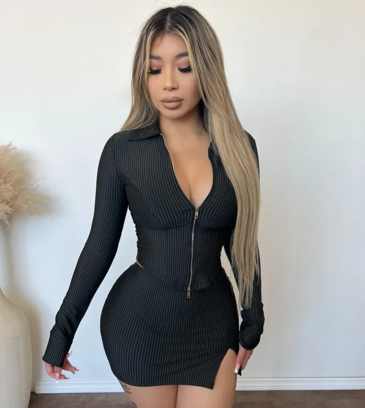 Addison Pinstrip 2 Pice Skirt Set (Black) sold by OOTDFash