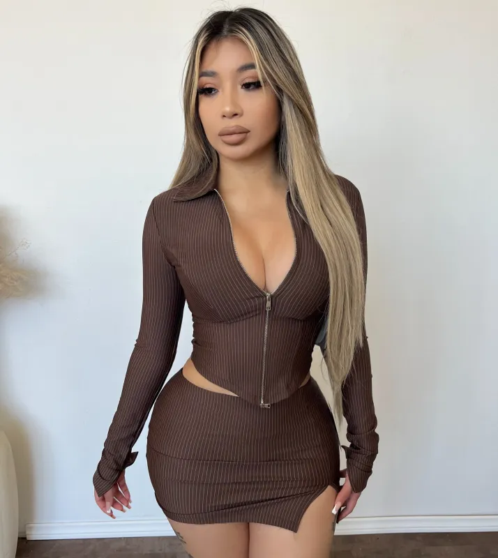Addison Pinstrip 2 Pice Skirt Set (Brown) sold by OOTDFash