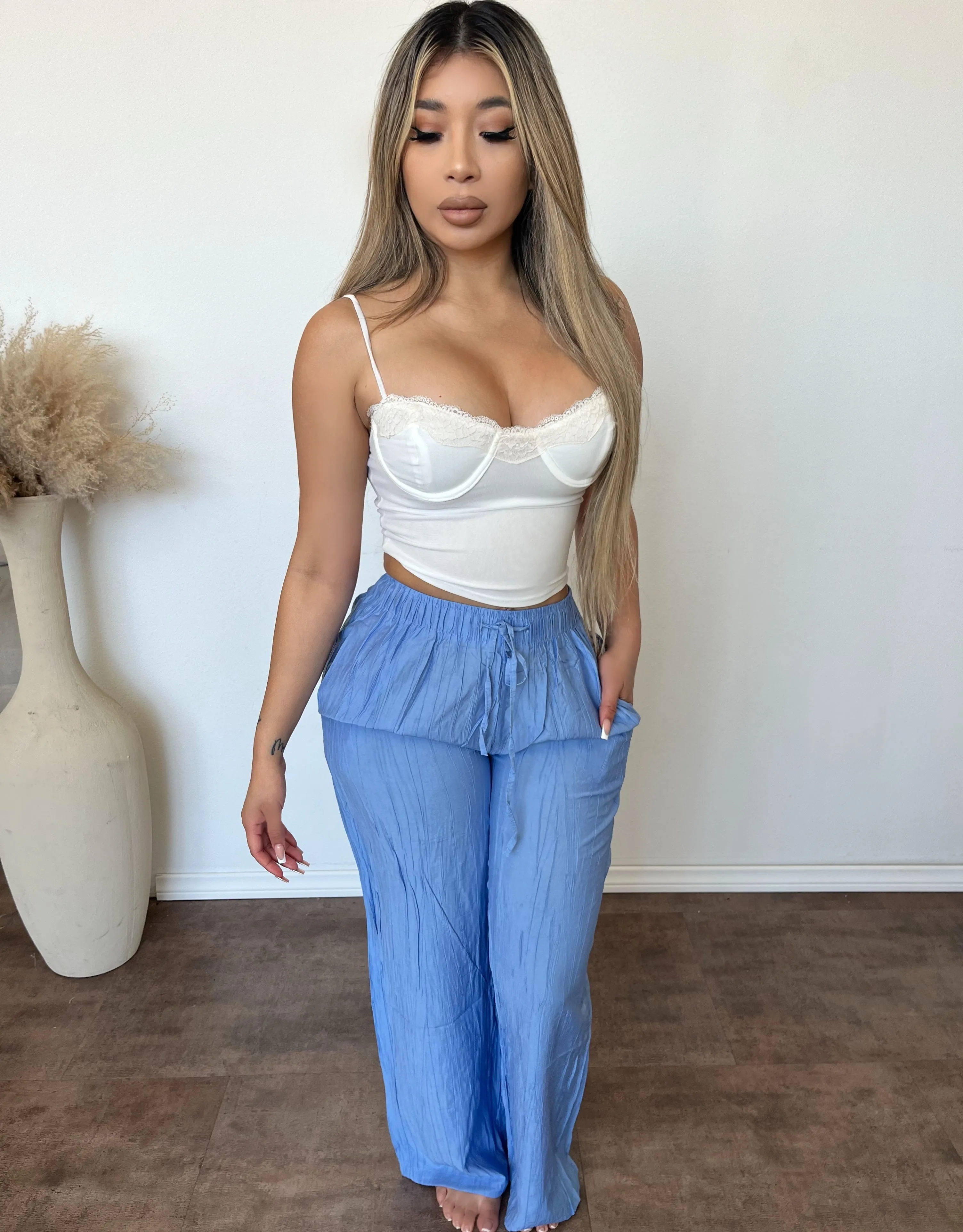 Grace Tie Waist Wide Leg Pants (Chambray Blue) sold by OOTDFash