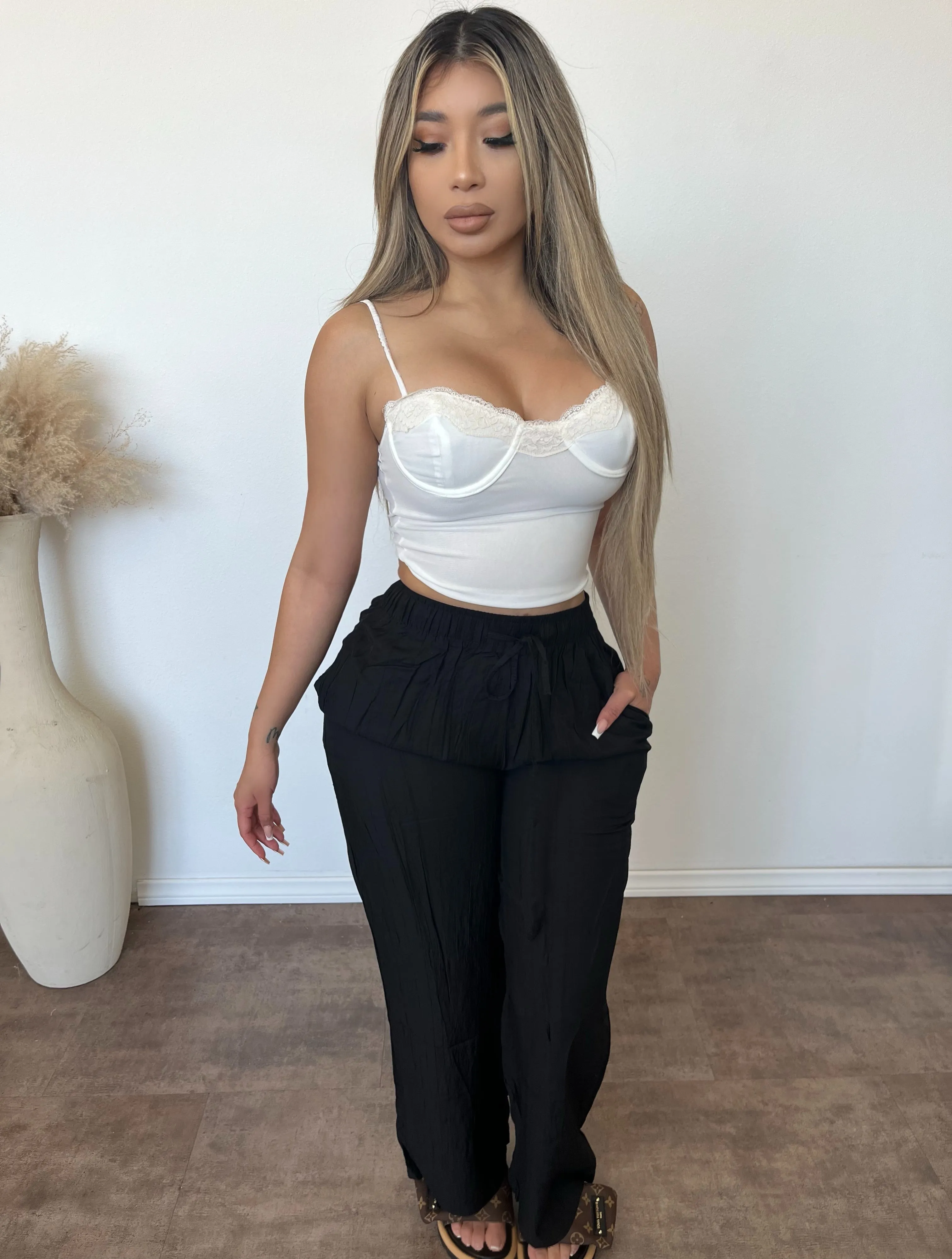 Grace Tie Waist Wide Leg Pants (Black) sold by OOTDFash