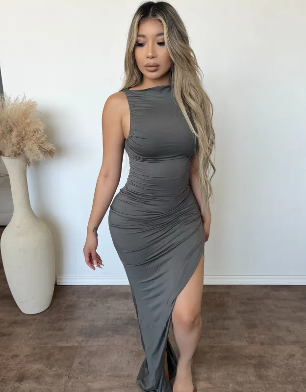 Daniella Runched Maxi Dress (Gunmetal) sold by OOTDFash