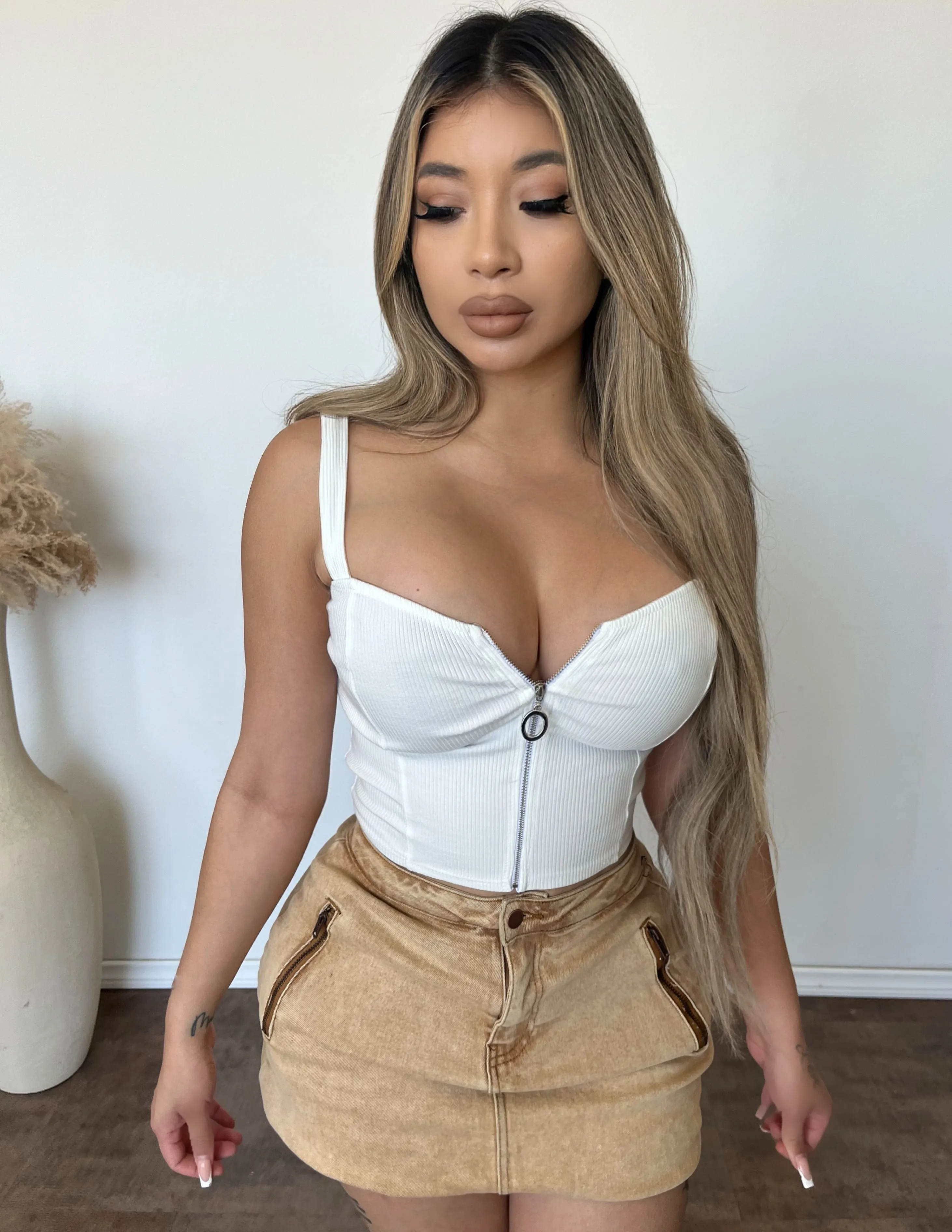 Perla Zipper Front Crop Top (White) sold by OOTDFash