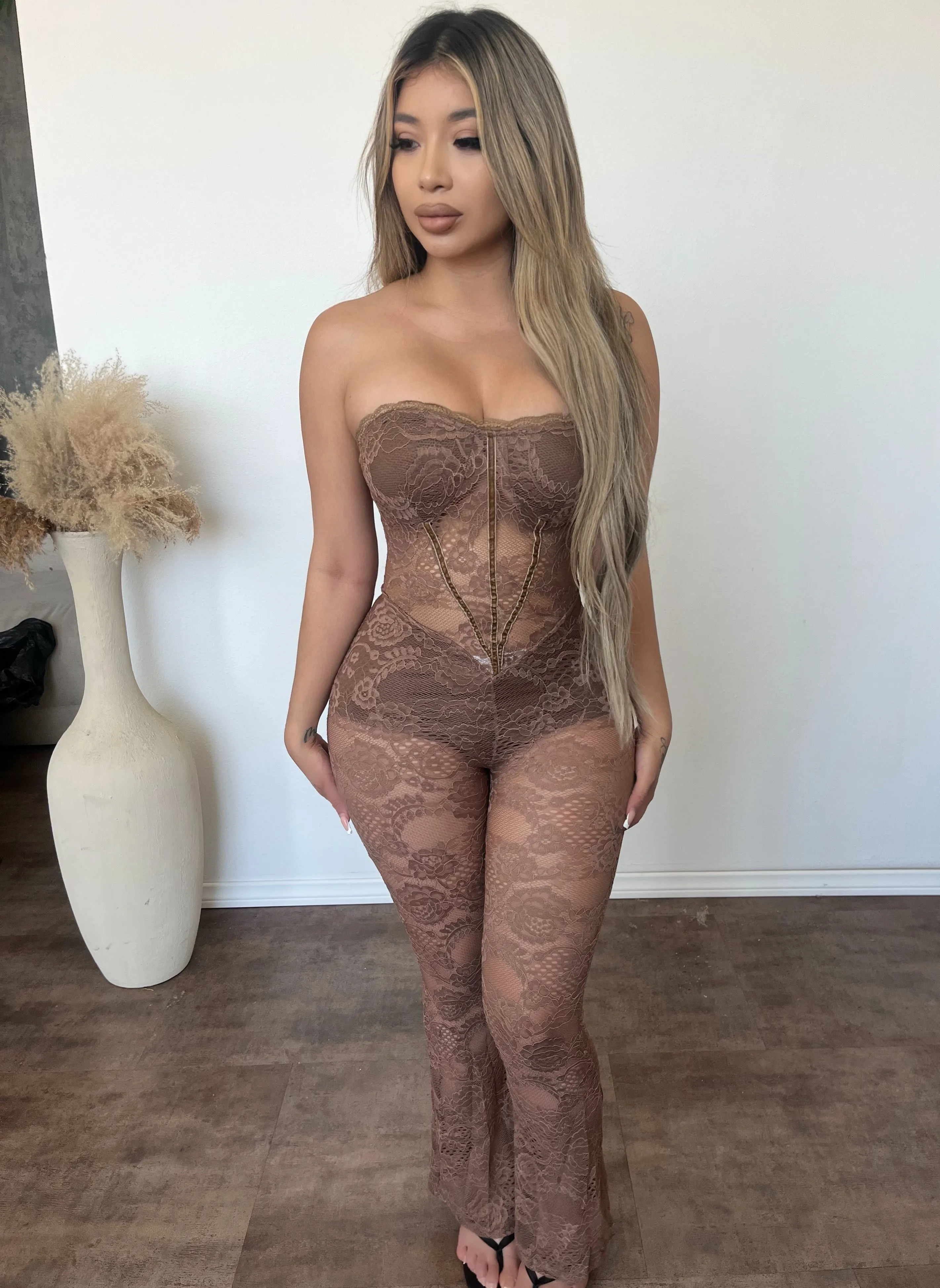 Wendy Lace Jumpsuit (Brown) sold by OOTDFash