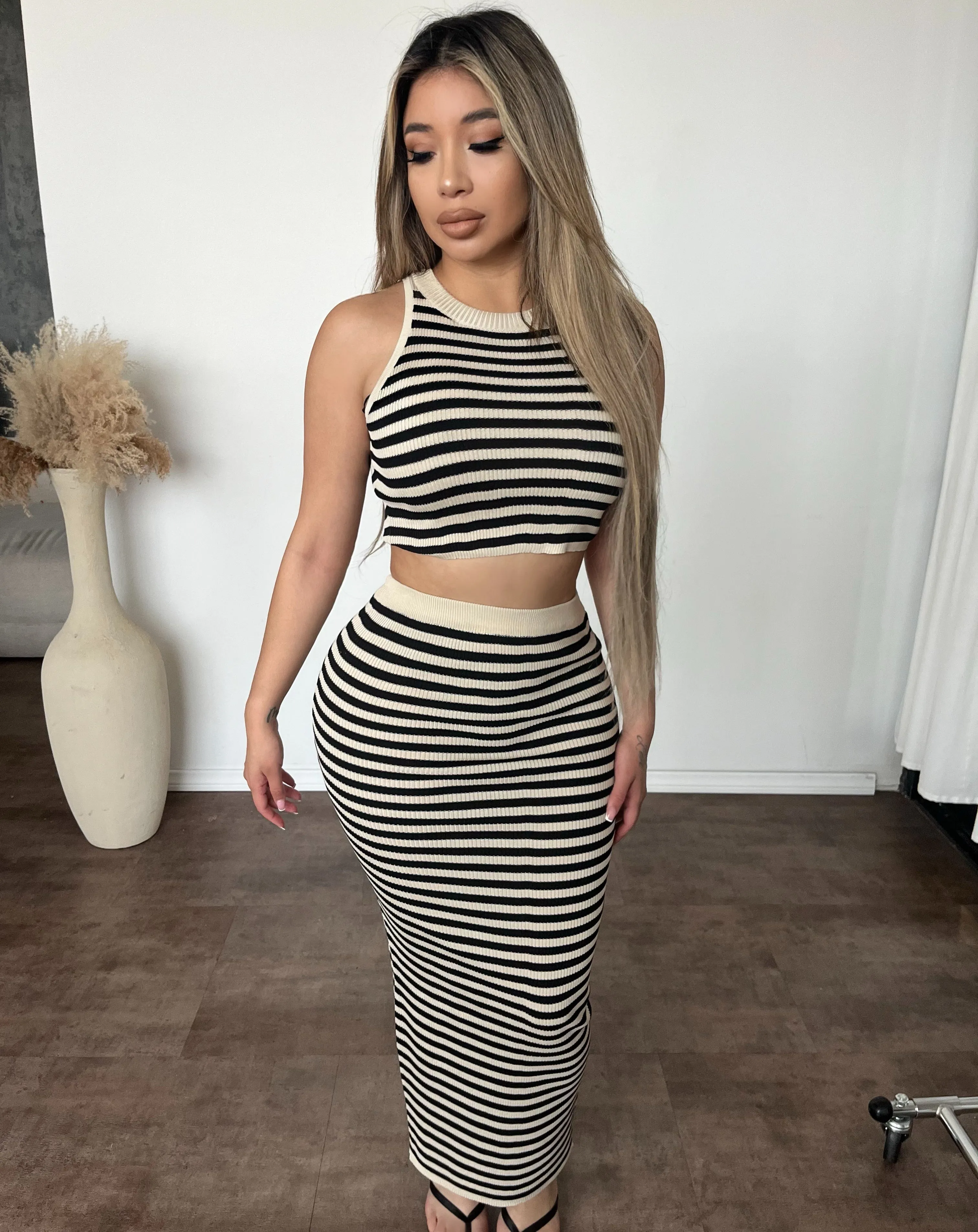 Melly two Piece Knit Set (Almond/Black) sold by OOTDFash