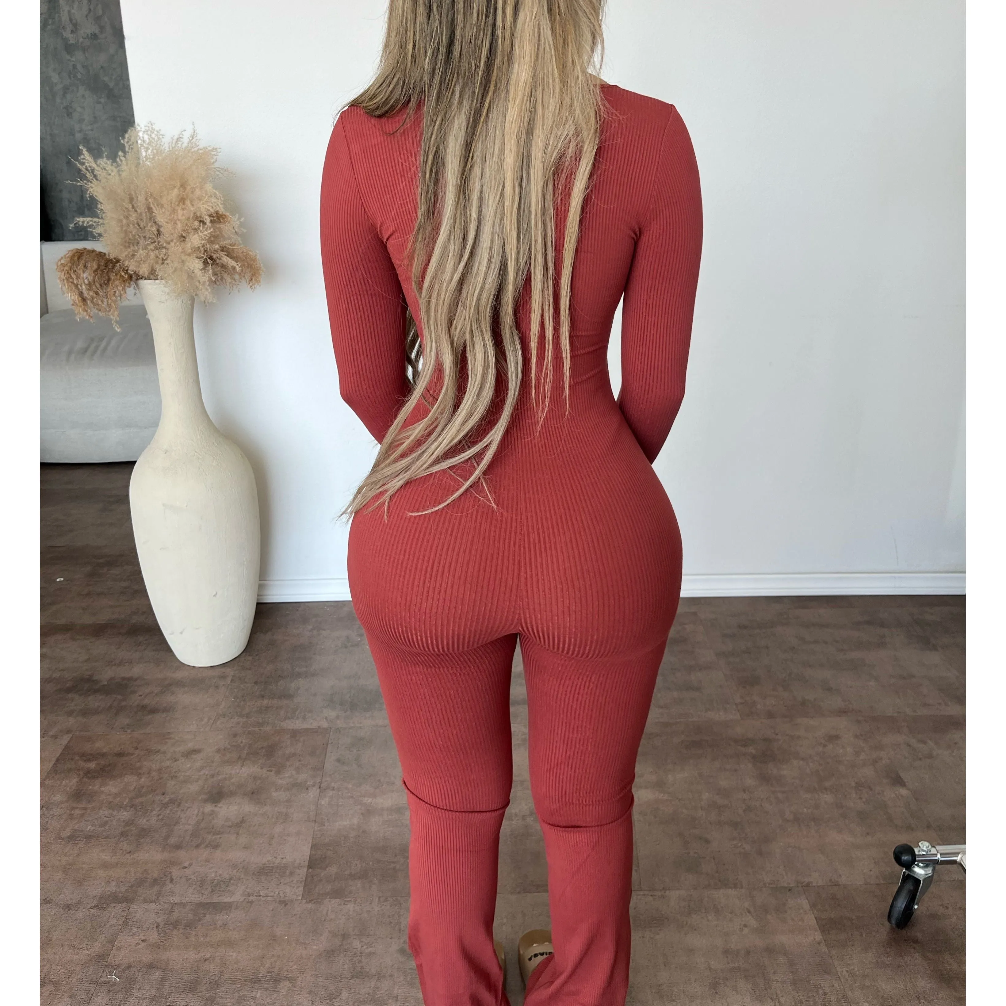 Vivi Long Sleeve Flare Jumpsuit (Terracotta) sold by OOTDFash product image thumbnail 2