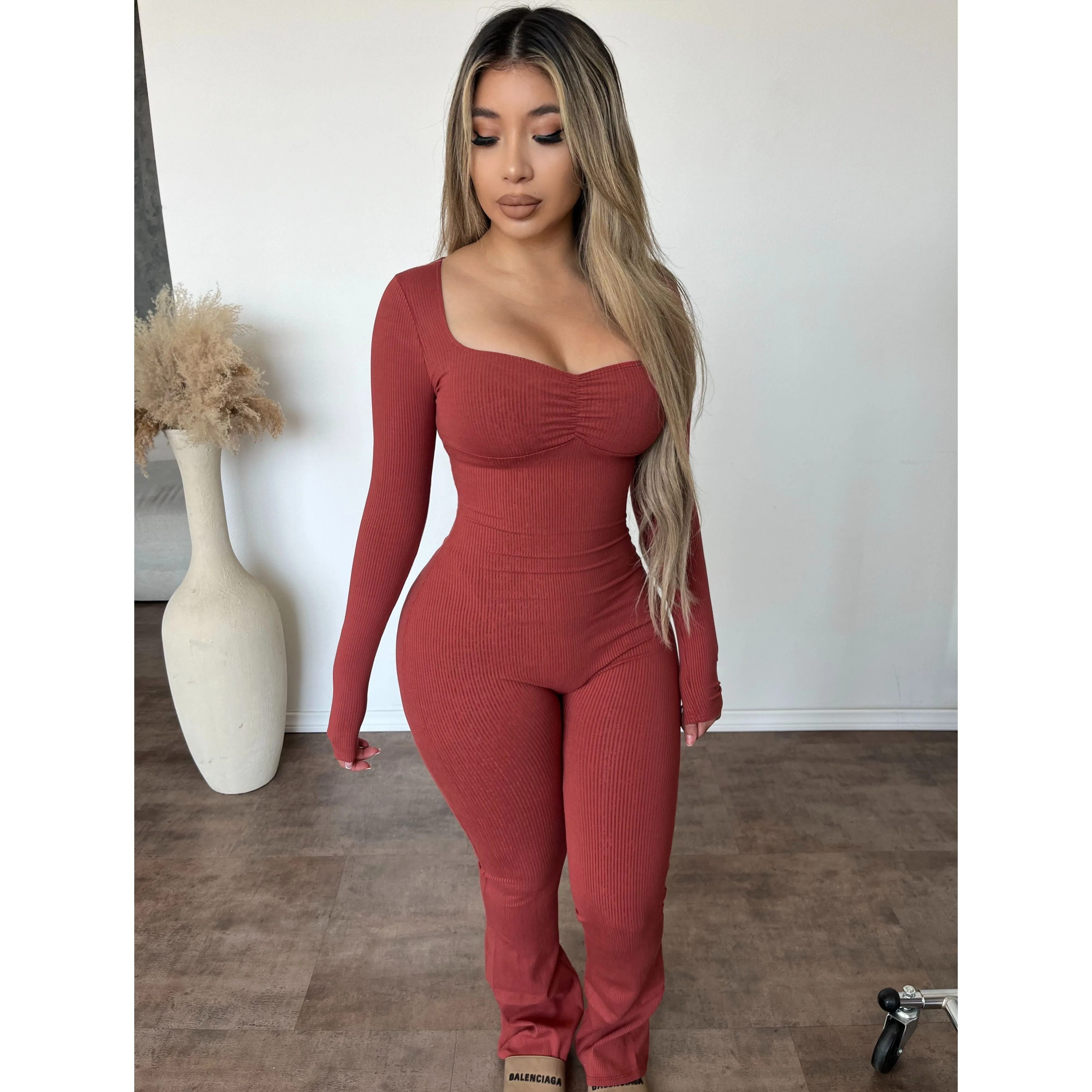 Vivi Long Sleeve Flare Jumpsuit (Terracotta) sold by OOTDFash