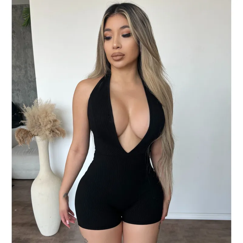 Wendy V Neck Open Back Romper (Black) sold by OOTDFash