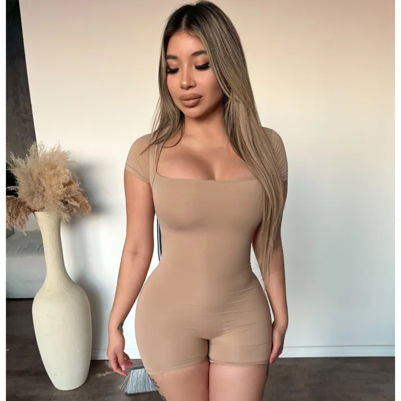 Wendy Square Neck Short Sleeve Romper (Sand) sold by OOTDFash