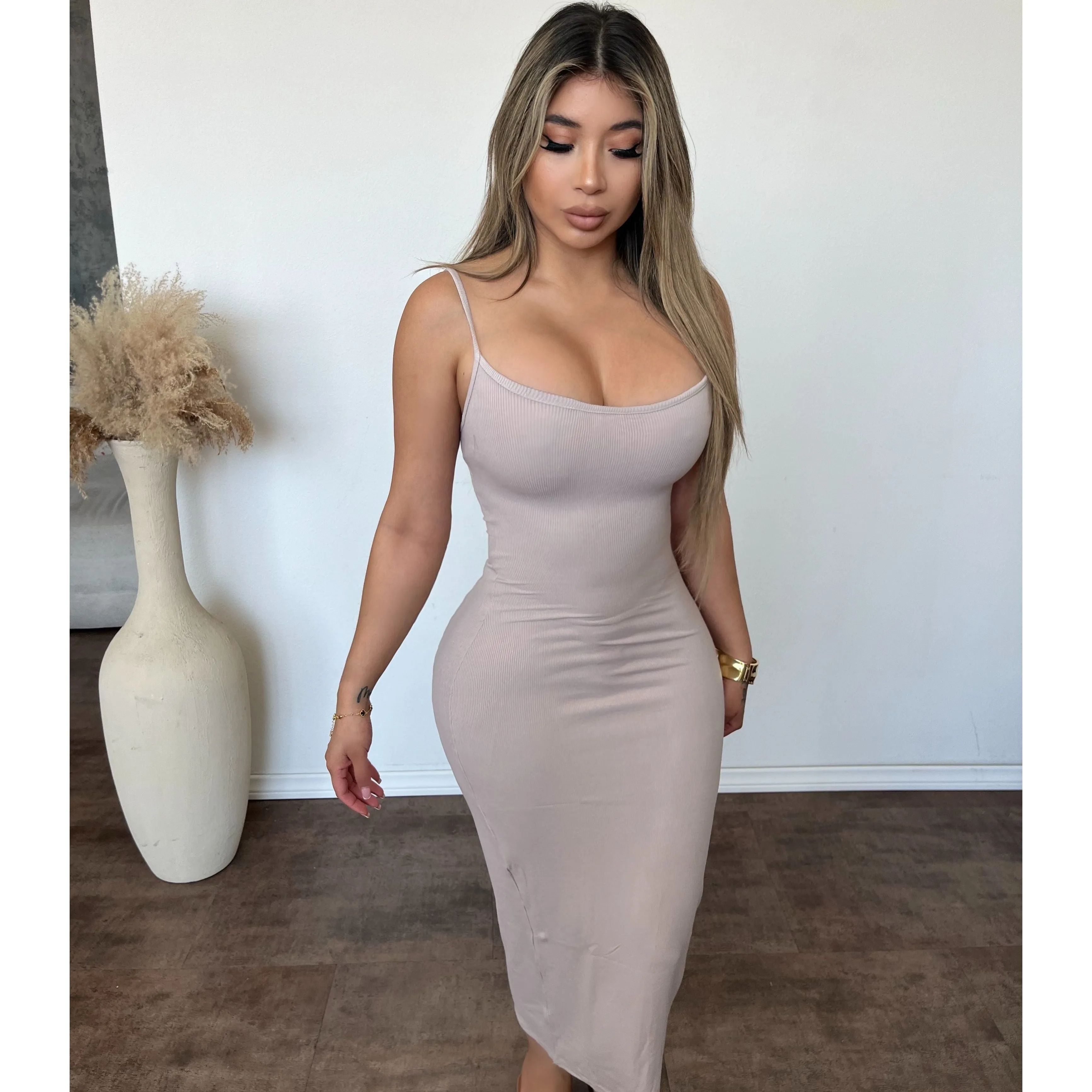 Veronica Ribbed Maxi Dress (Beige) sold by OOTDFash