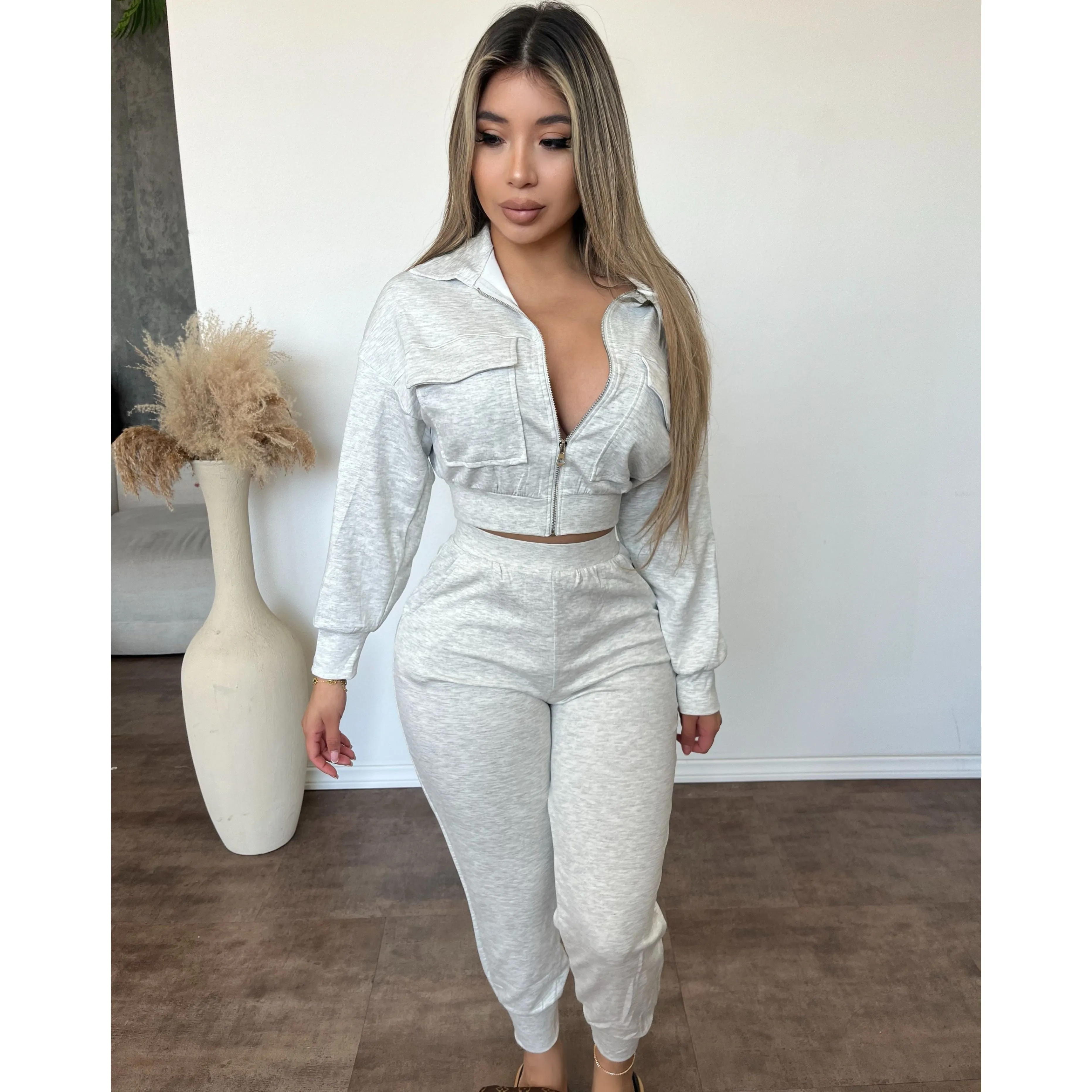 Ari Zip Up & Cuff Pant 2 Piece (Ivory Marl) sold by OOTDFash