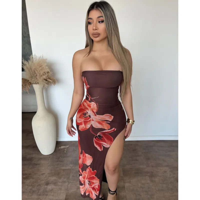Cassie Flower Midi Dress (Brown) sold by OOTDFash