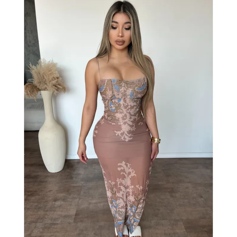 Sam Mesh Print Dress (Taupe) sold by OOTDFash