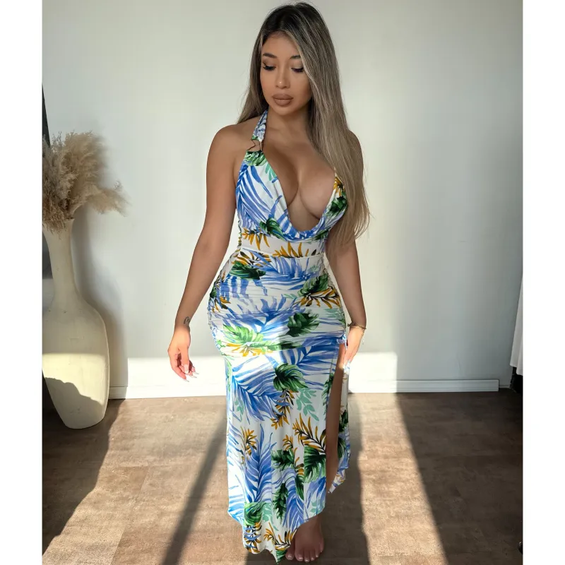 Emily Tropical Halter Neck Dress (White/Blue) sold by OOTDFash