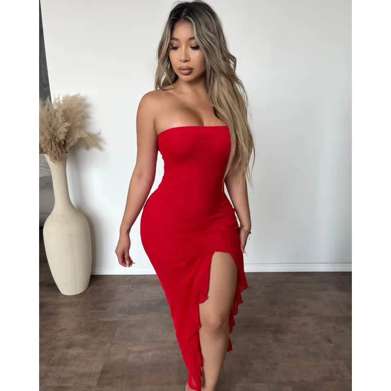 Selena Power Mesh Dress (Red) sold by OOTDFash