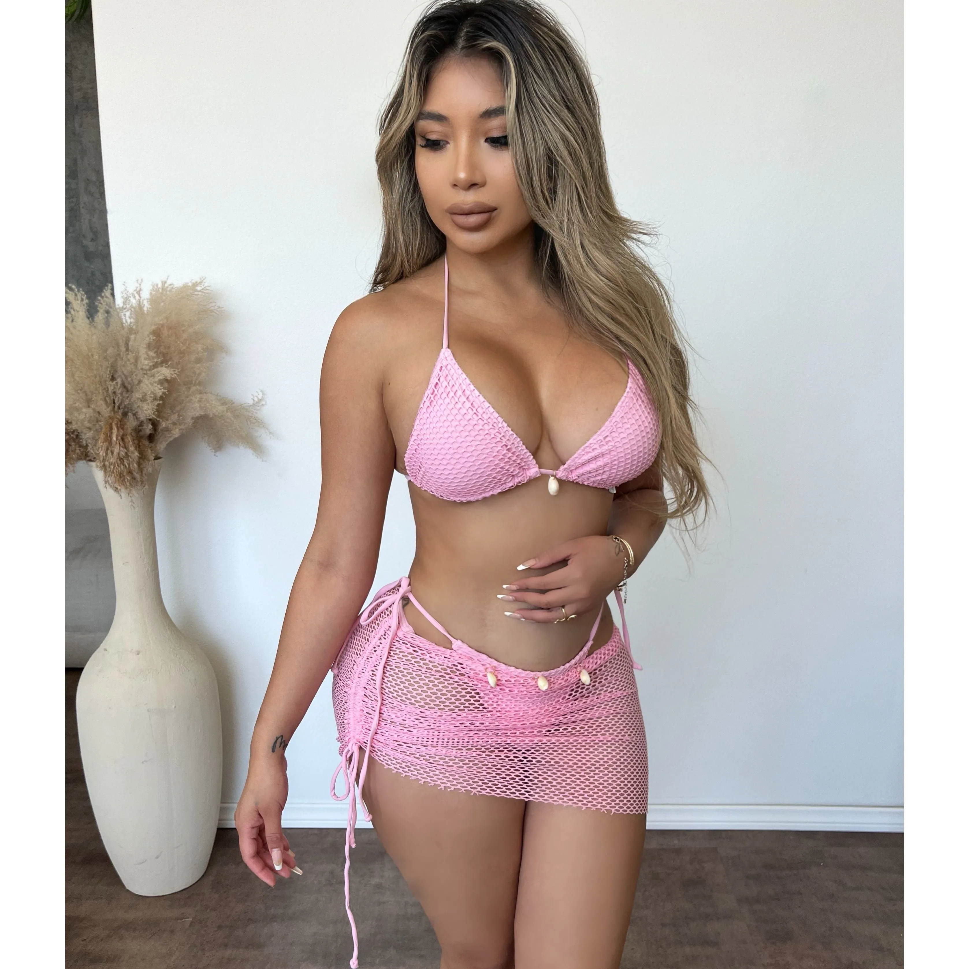 Betty 3 Piece Bikini Set (Pink) sold by OOTDFash