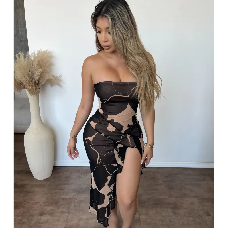 Arianna Mesh W Slit Dress (Brown) sold by OOTDFash