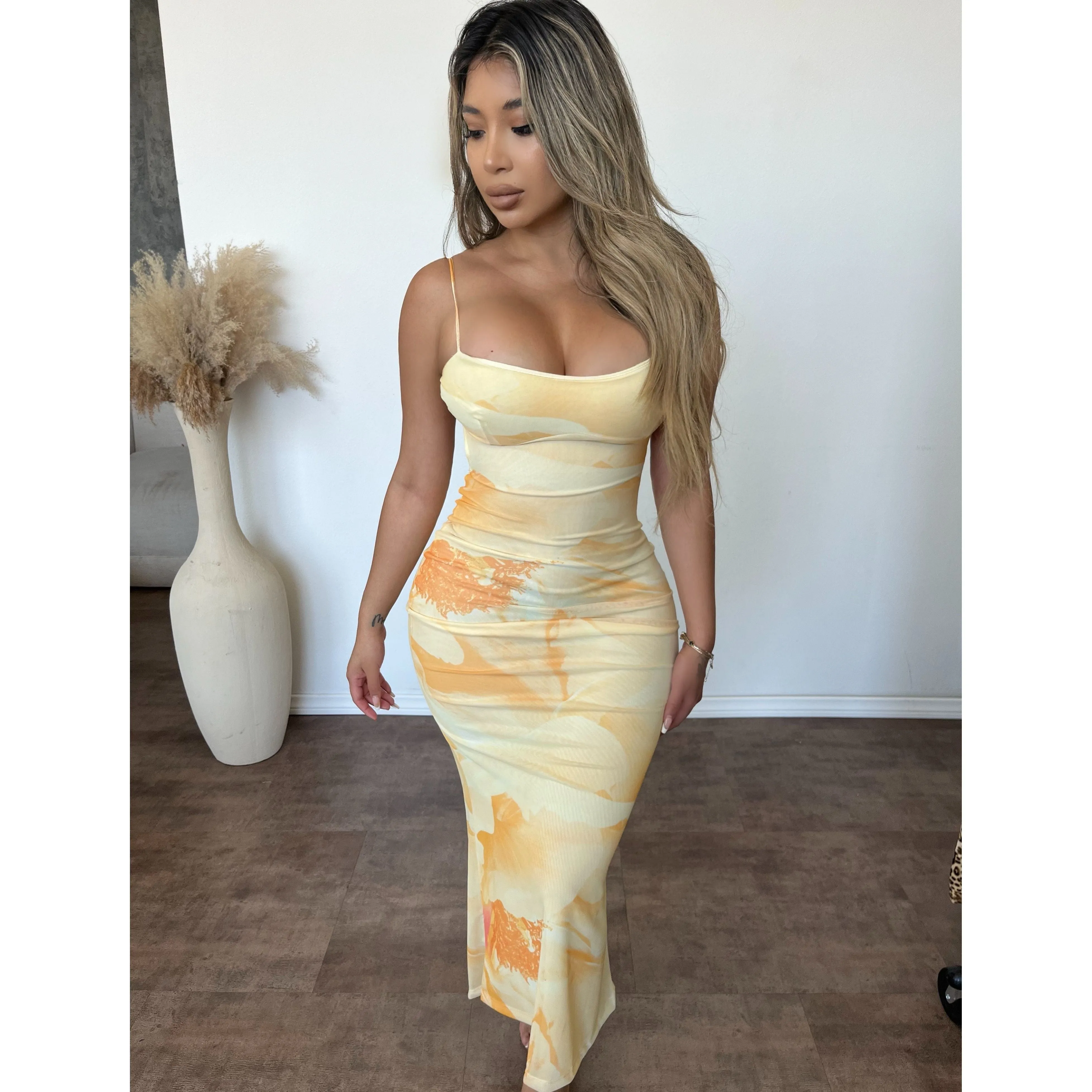 Suki Mesh Print Dress (Yellow) sold by OOTDFash